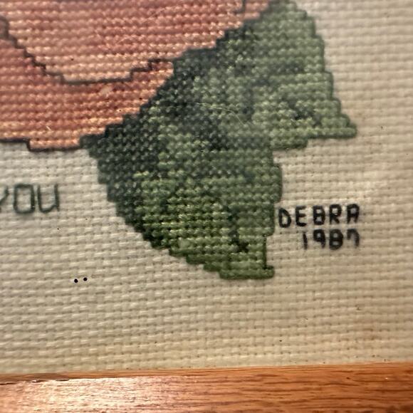 Vintage Cross Stitch Needlespoint 9x11 Rose I love you - Debra 1987 - Picture 3 of 3